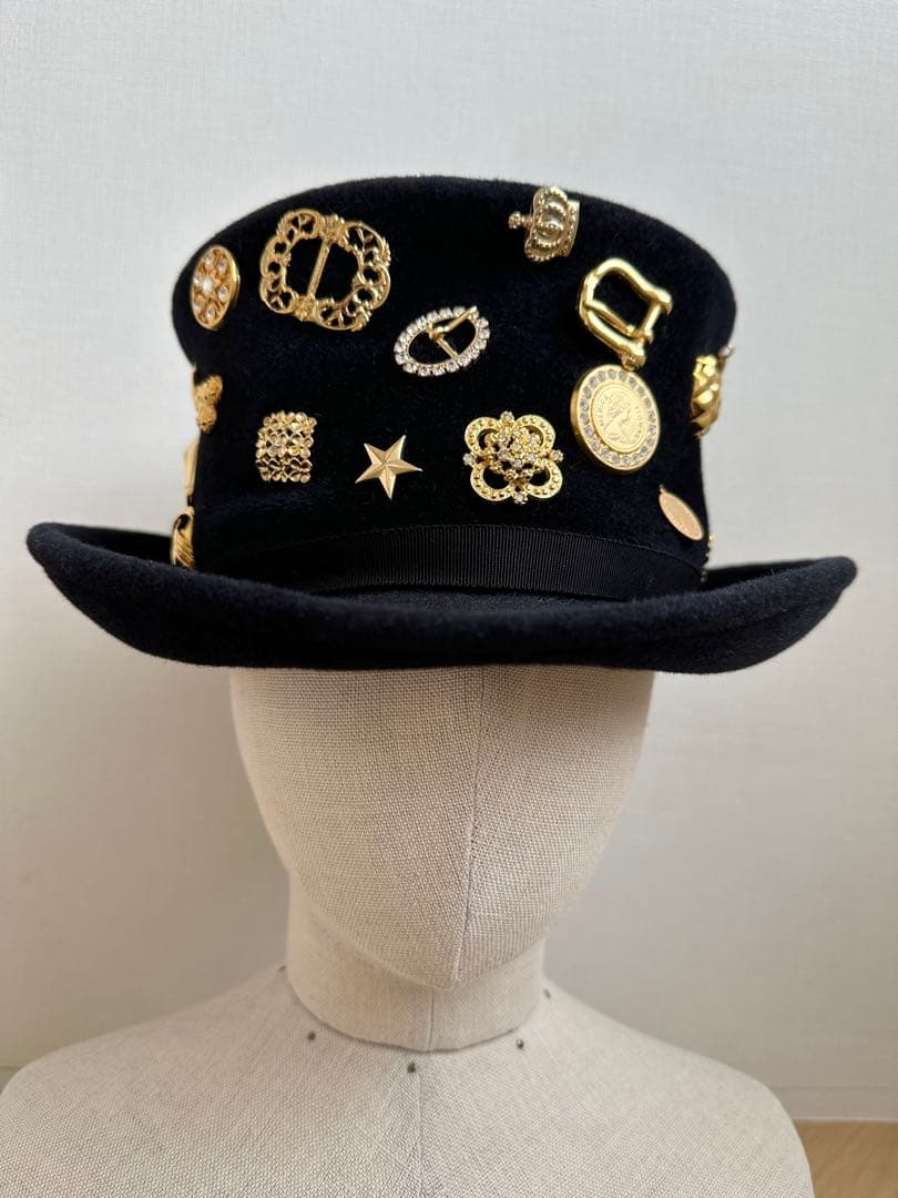 メタルパーツ ハット　黒ブラック　ウールフェルト 1点物ハンドメイドシルクハット