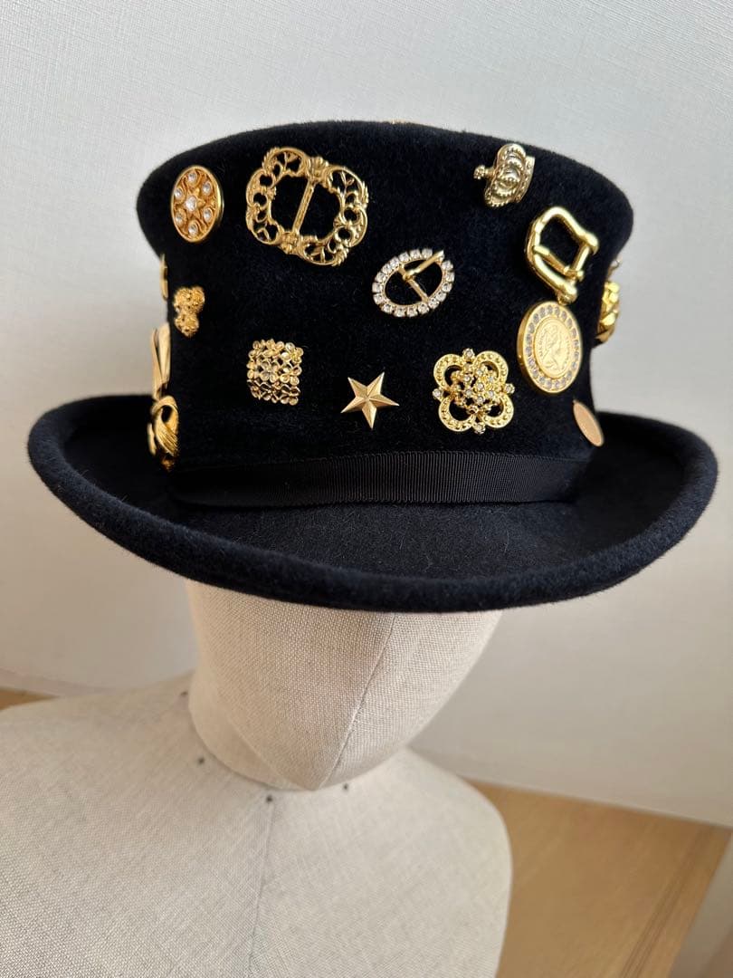 メタルパーツ ハット　黒ブラック　ウールフェルト 1点物ハンドメイドシルクハット