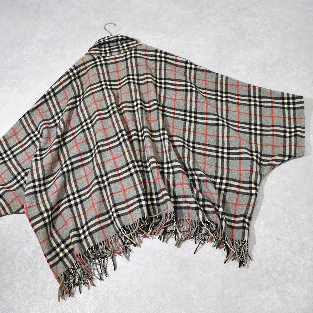 90s Burberrys ウール ノバチェック ポンチョ フリンジ チャイナ釦