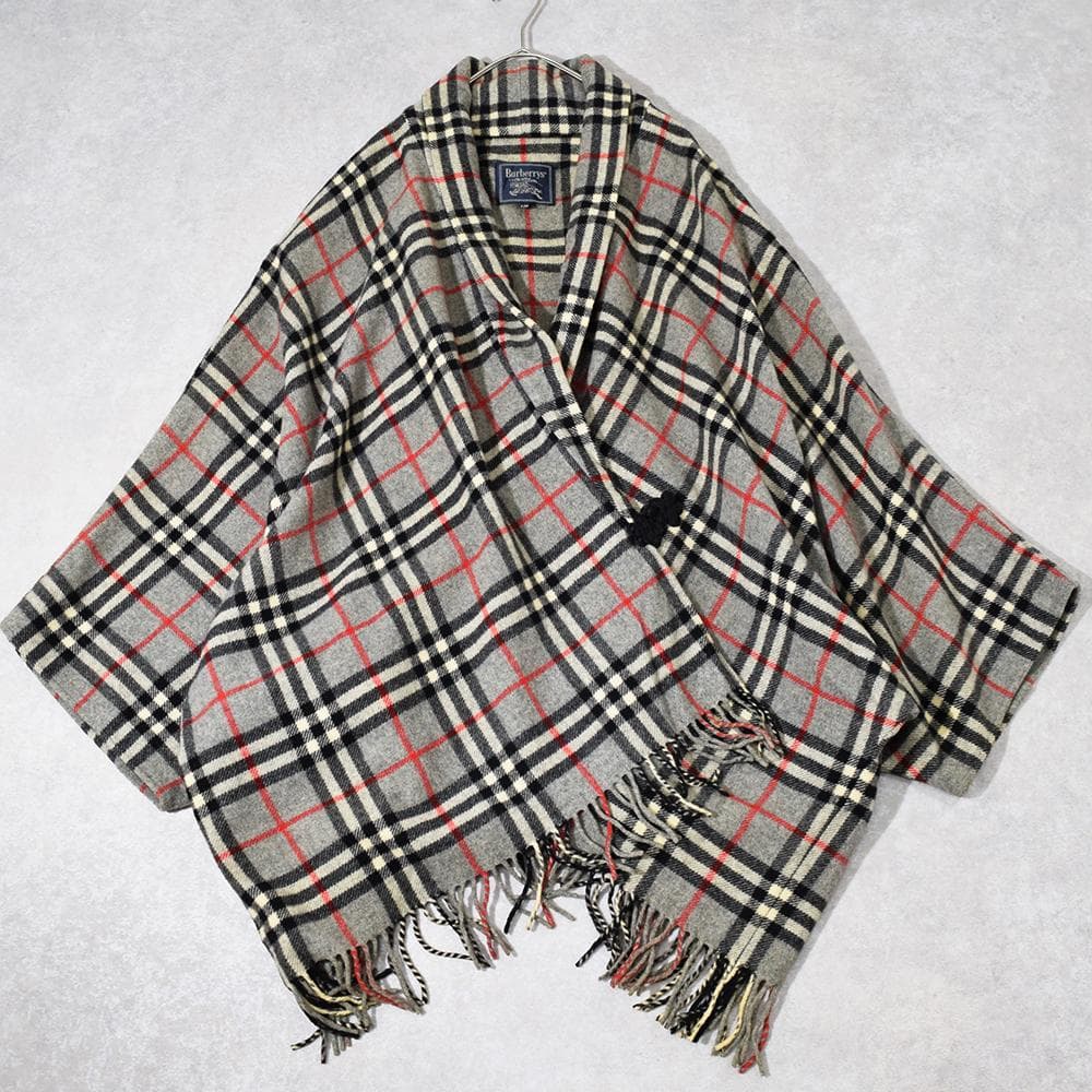 90s Burberrys ウール ノバチェック ポンチョ フリンジ チャイナ釦