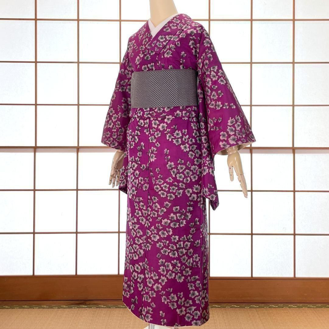 銘仙 着物 袷 正絹 枝花柄 赤紫色 アンティーク着物 A-1635