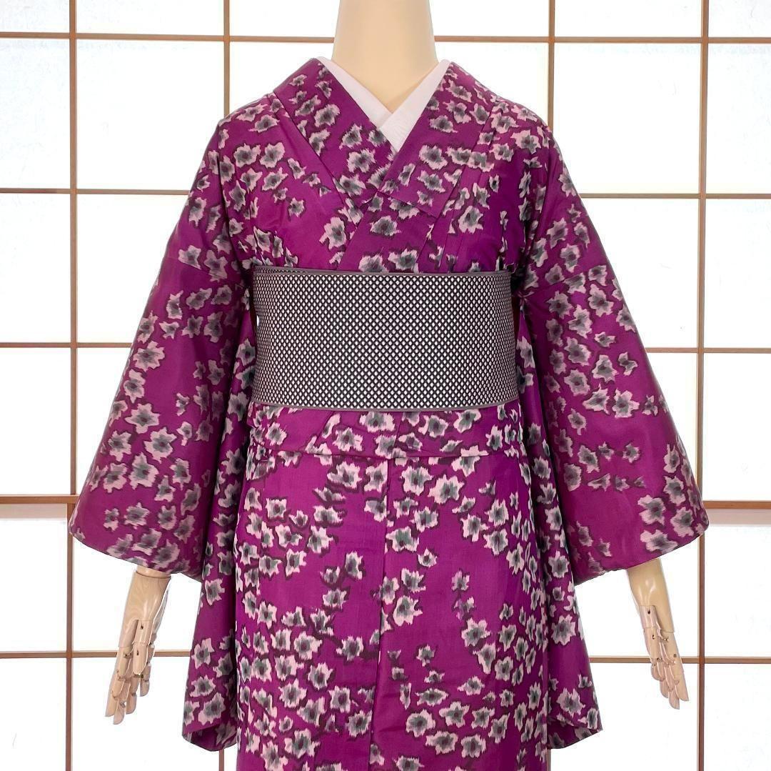 銘仙 着物 袷 正絹 枝花柄 赤紫色 アンティーク着物 A-1635