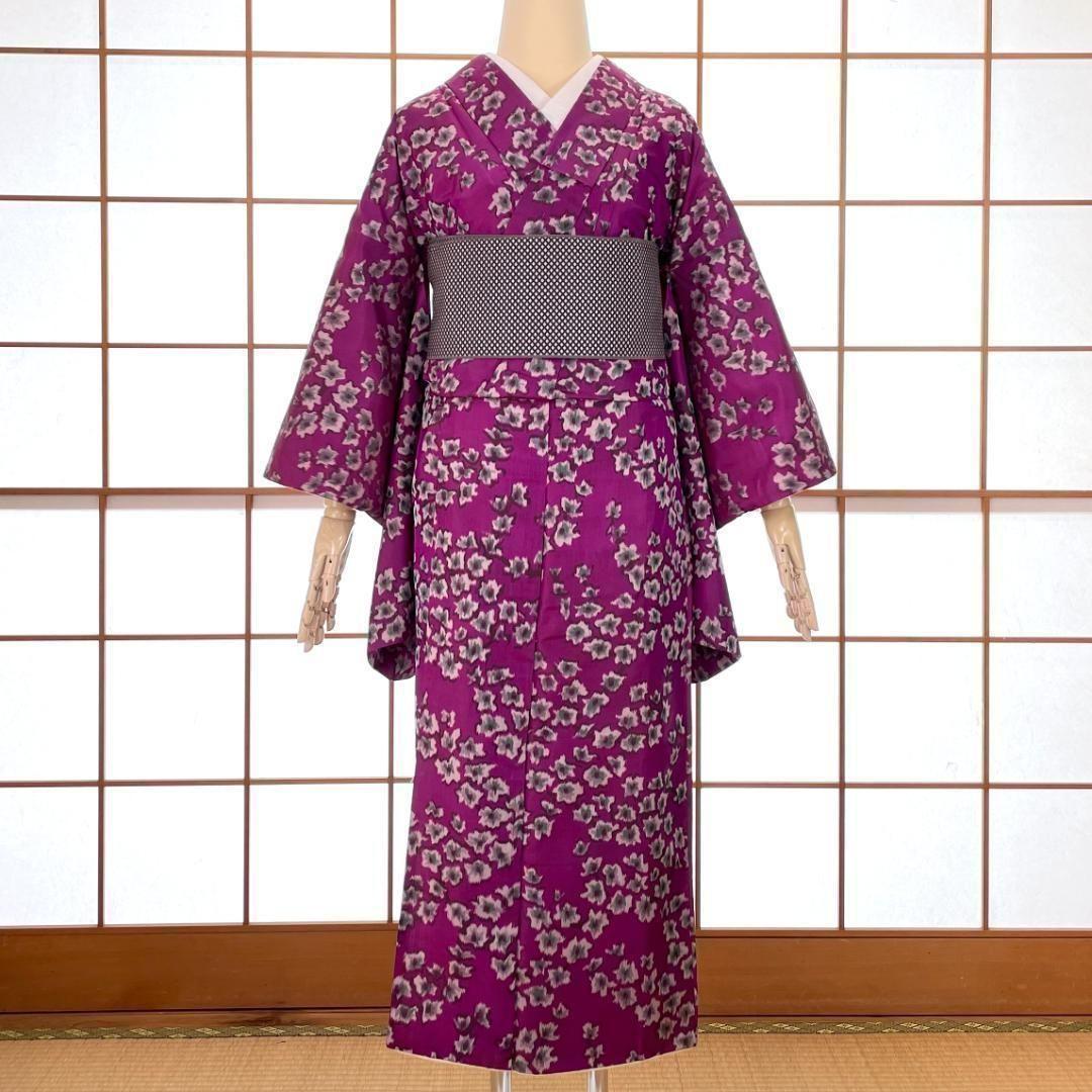 銘仙 着物 袷 正絹 枝花柄 赤紫色 アンティーク着物 A-1635