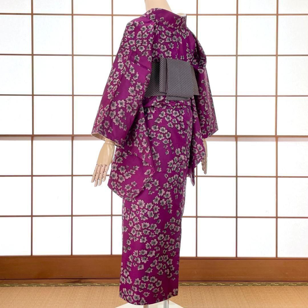 銘仙 着物 袷 正絹 枝花柄 赤紫色 アンティーク着物 A-1635
