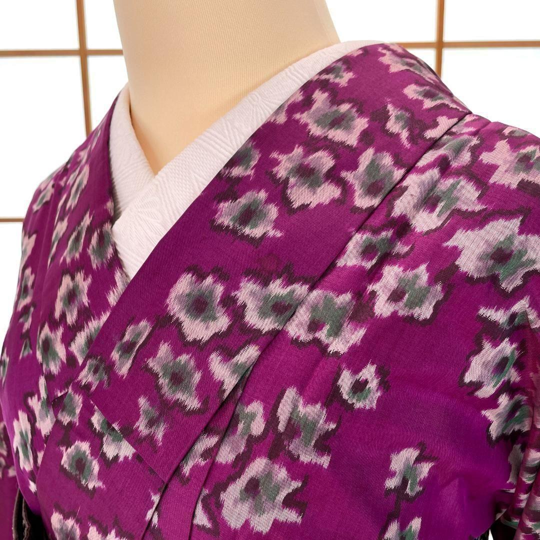 銘仙 着物 袷 正絹 枝花柄 赤紫色 アンティーク着物 A-1635