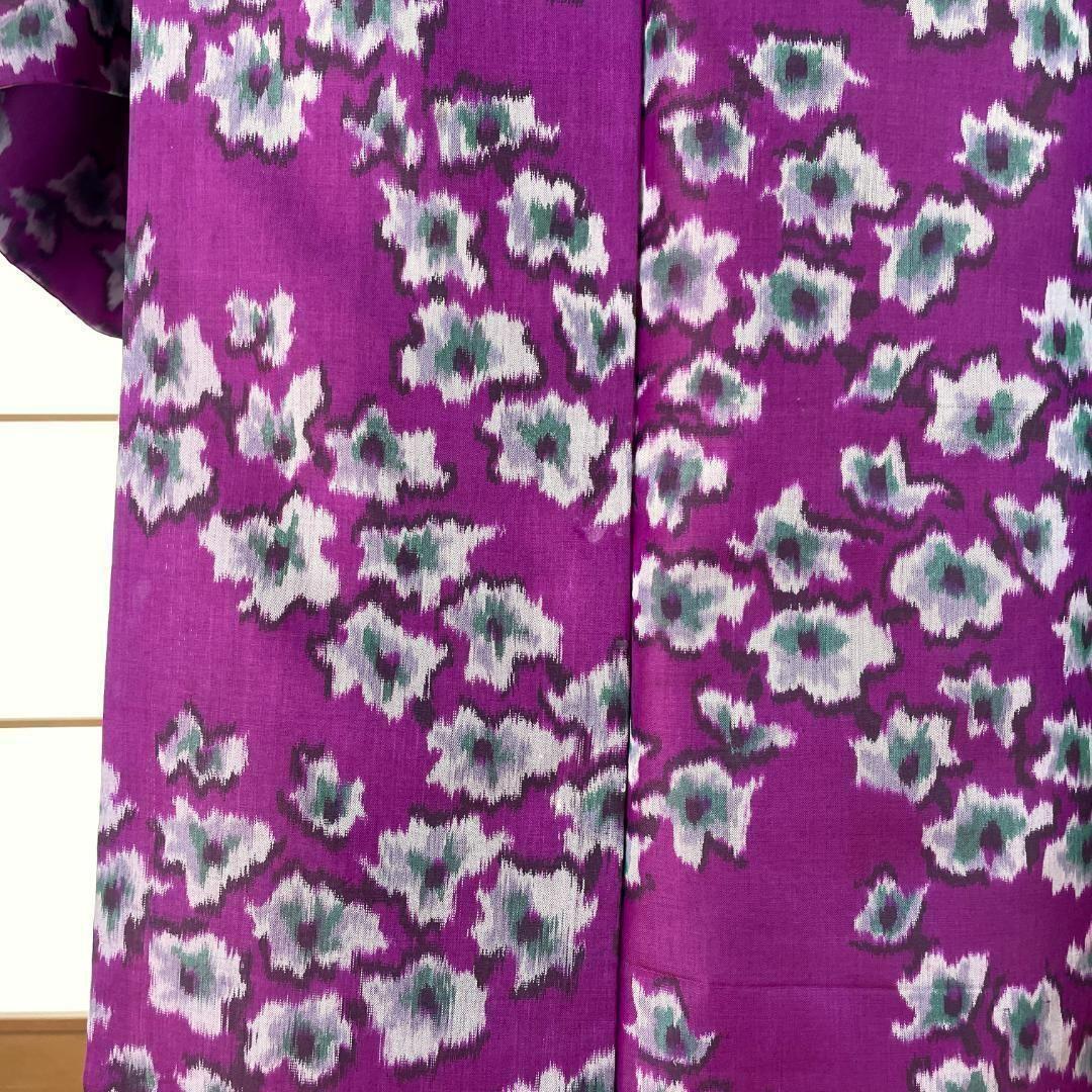 銘仙 着物 袷 正絹 枝花柄 赤紫色 アンティーク着物 A-1635