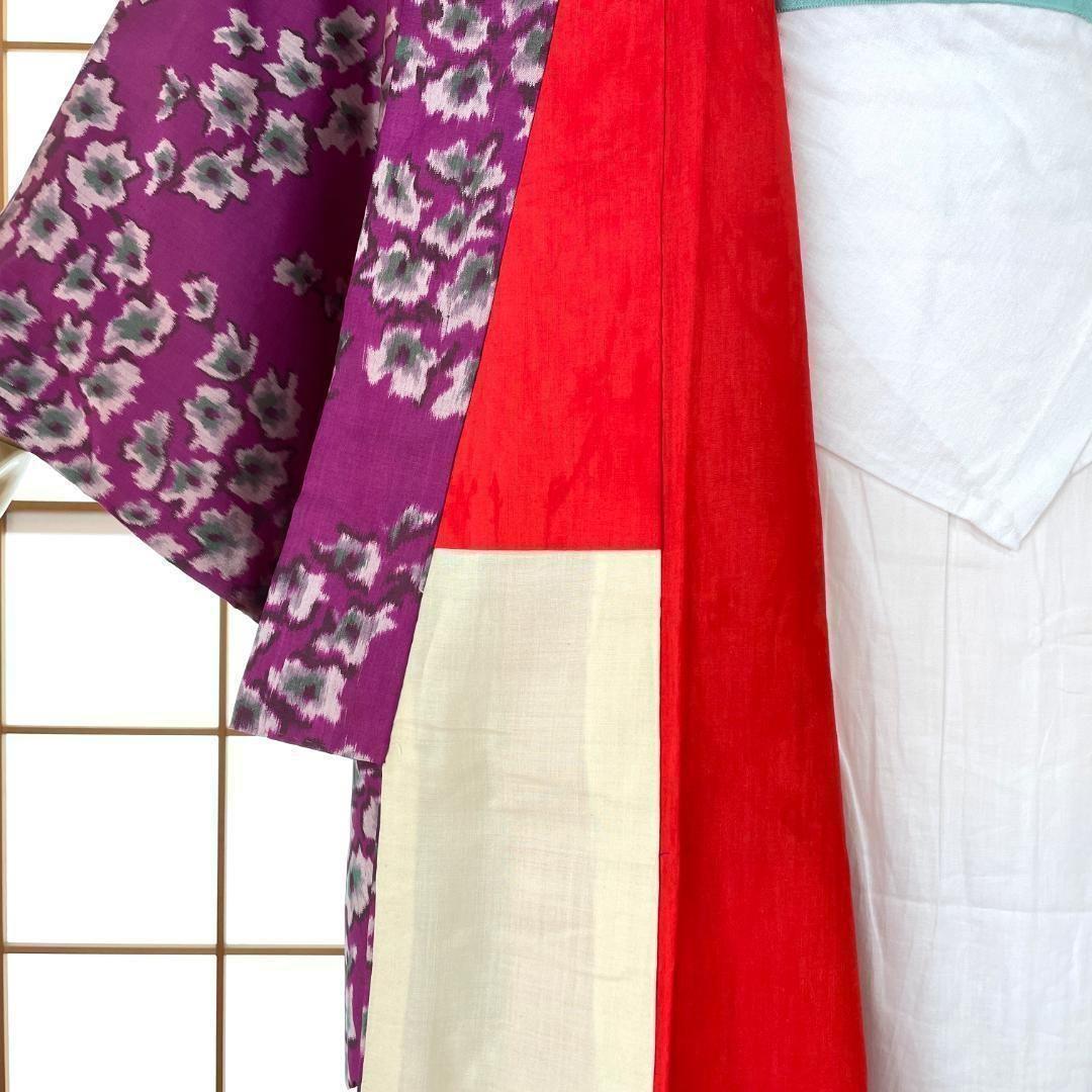 銘仙 着物 袷 正絹 枝花柄 赤紫色 アンティーク着物 A-1635