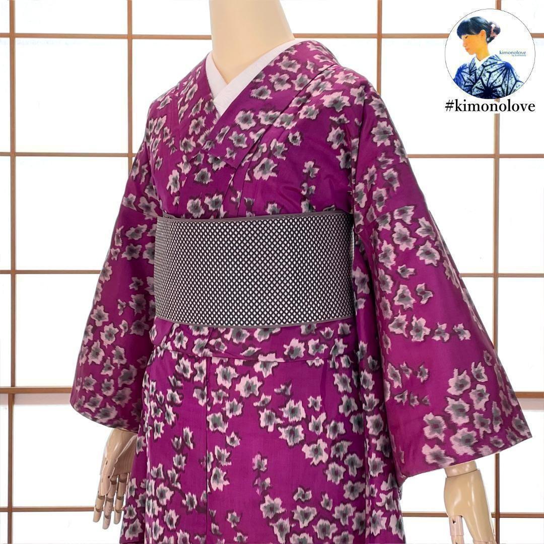 銘仙 着物 袷 正絹 枝花柄 赤紫色 アンティーク着物 A-1635