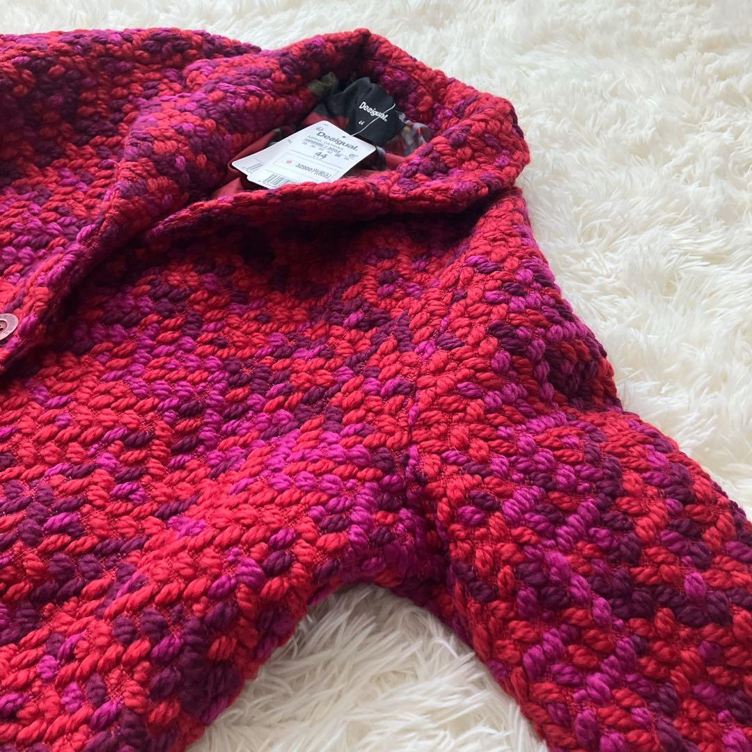 【新品タグ付き】デシグアル ツイードロングコート 裏地総柄 ロゴ金具 孔雀 3L