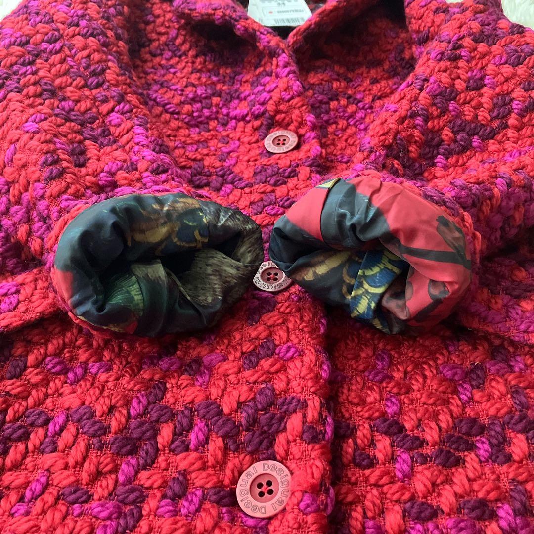 【新品タグ付き】デシグアル ツイードロングコート 裏地総柄 ロゴ金具 孔雀 3L