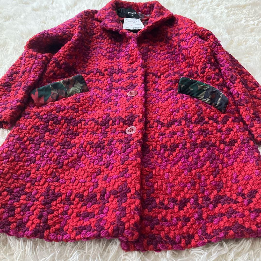 【新品タグ付き】デシグアル ツイードロングコート 裏地総柄 ロゴ金具 孔雀 3L