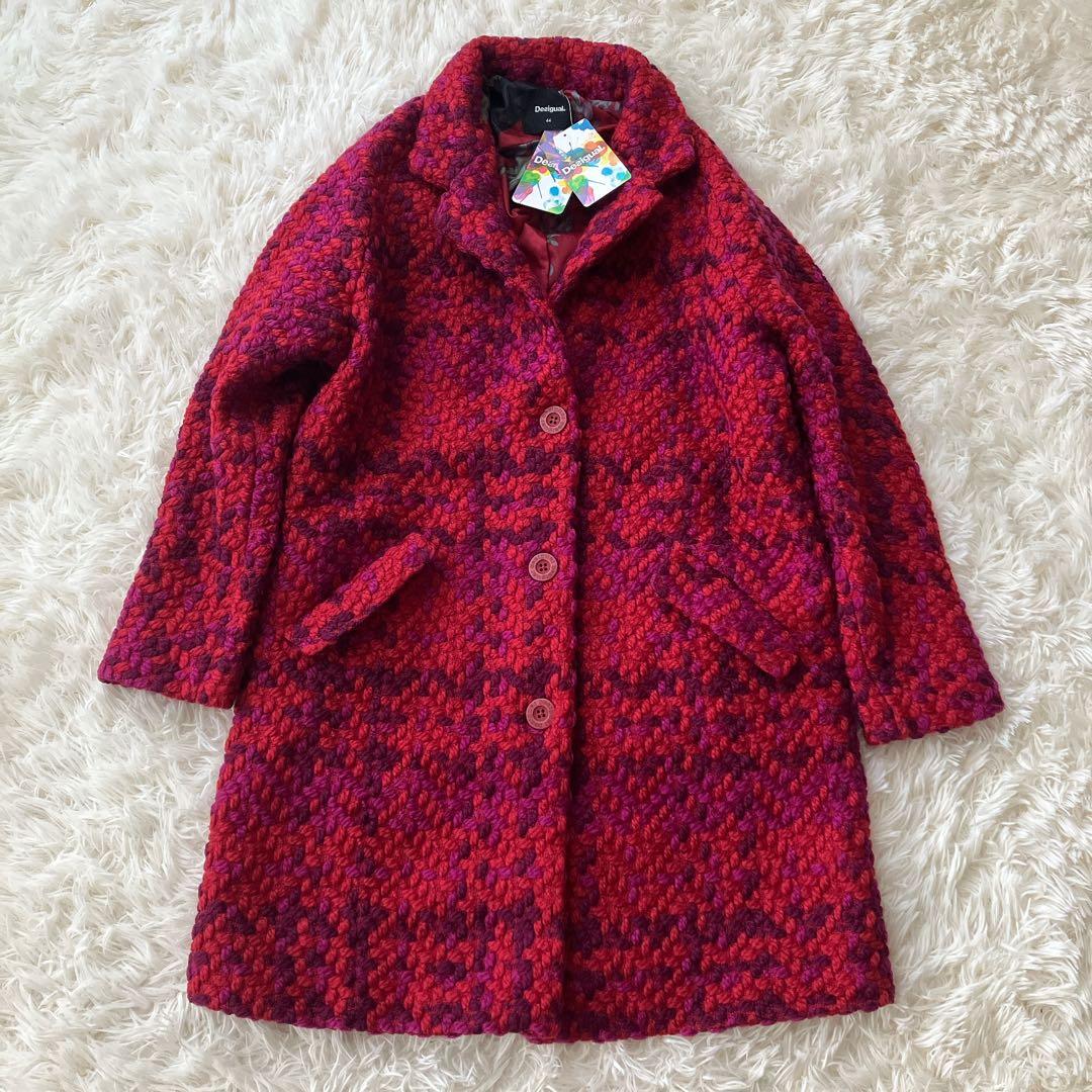 【新品タグ付き】デシグアル ツイードロングコート 裏地総柄 ロゴ金具 孔雀 3L