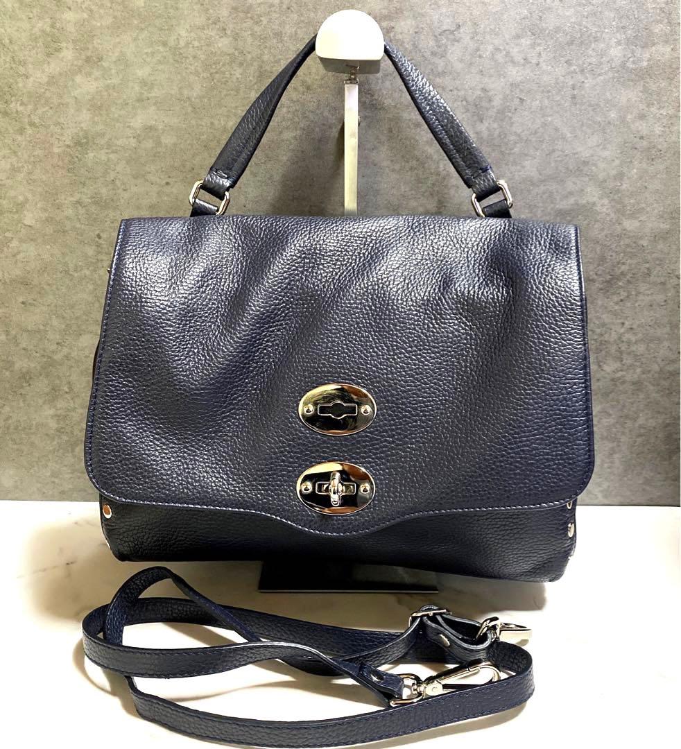 ✨未使用に近い✨ zanellato レザーサッチェルバッグ　スタッズ　ネイビー