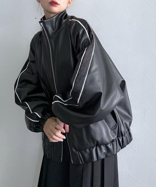 【美品】HARE　フェイクレザードルマントラックジャケット　ブラック　ブルゾン