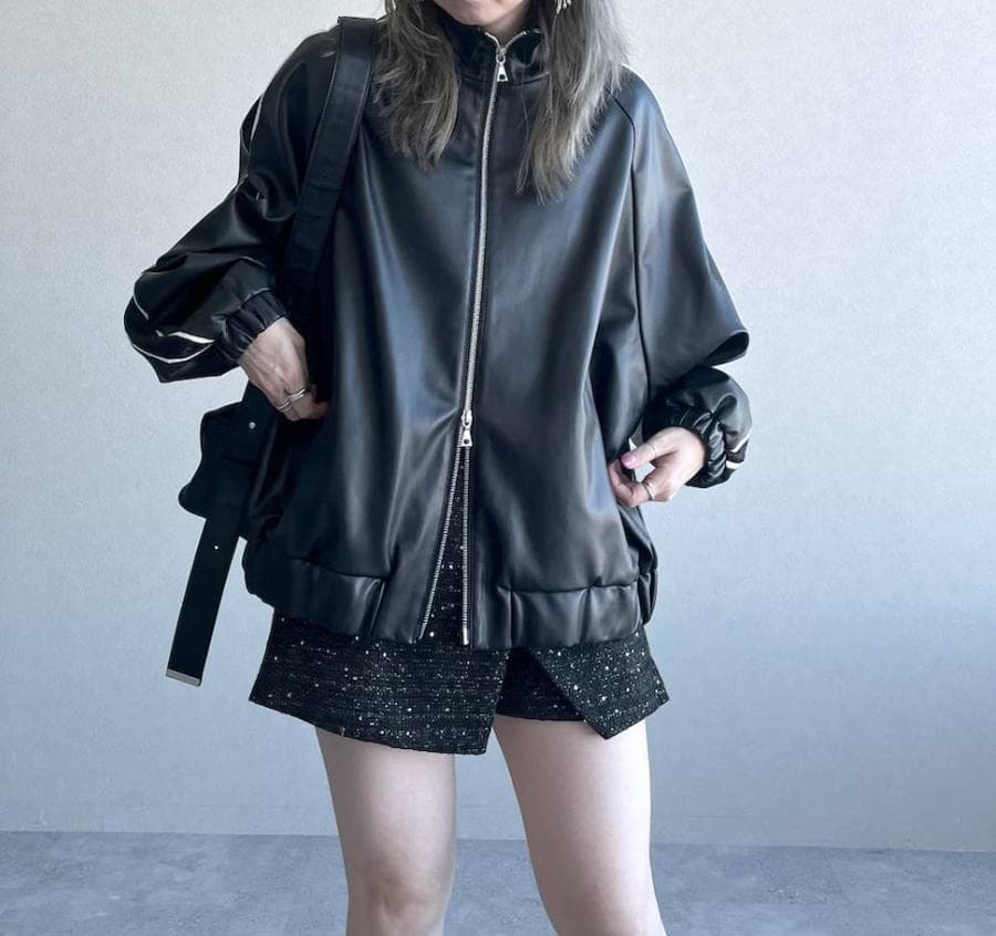 【美品】HARE　フェイクレザードルマントラックジャケット　ブラック　ブルゾン