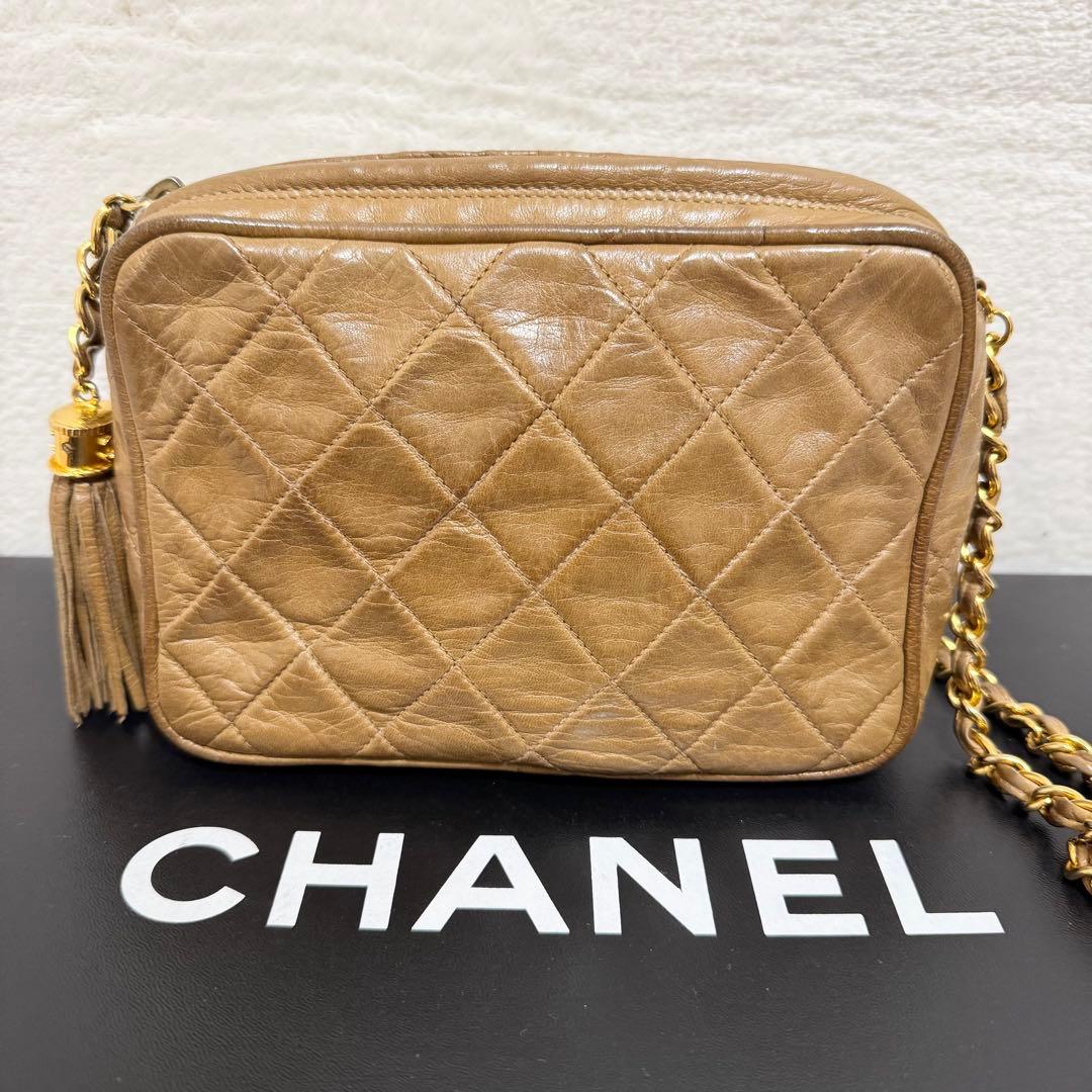 CHANEL シャネル チェーンショルダーバッグ ラムスキン フリンジ ベージュ