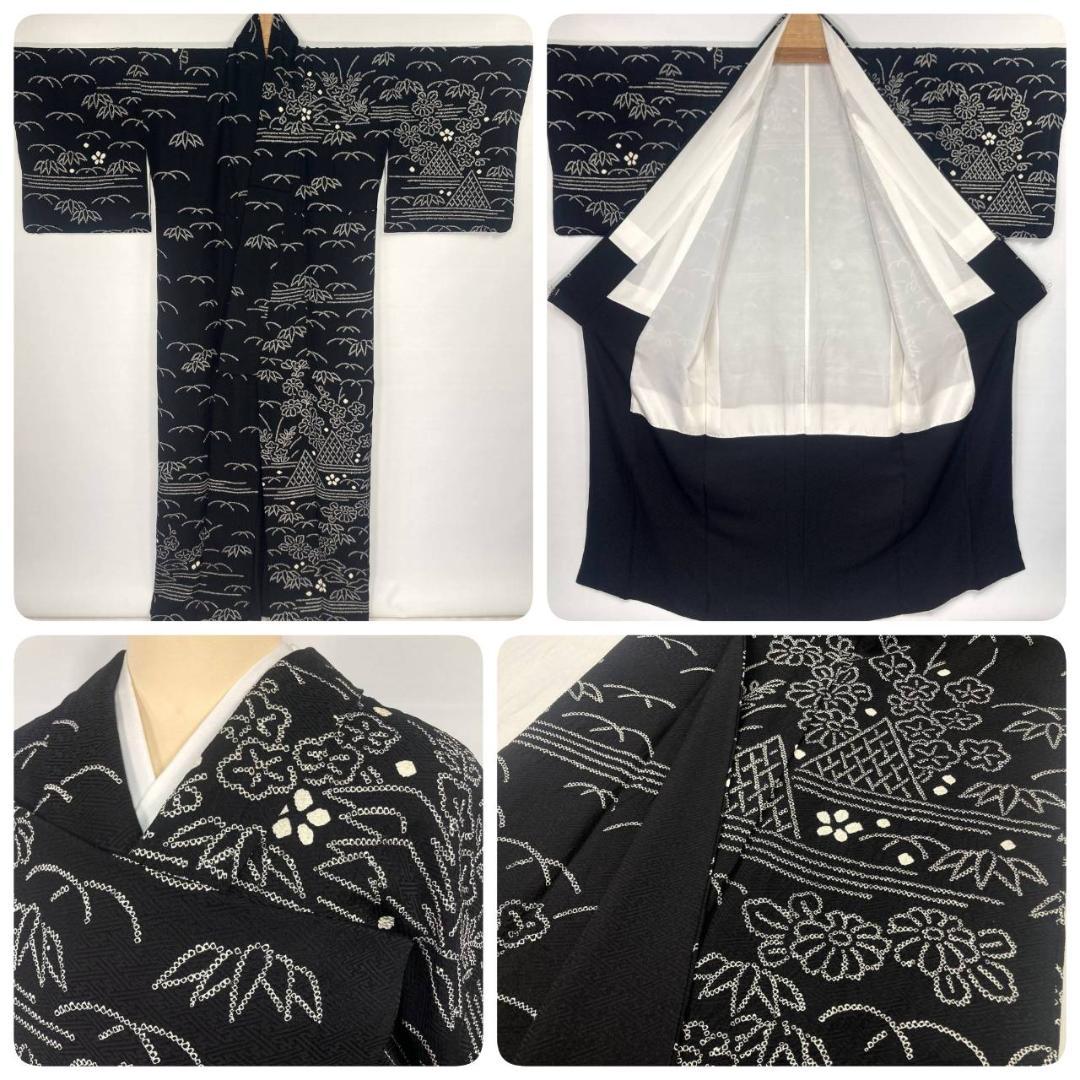 手絞り モノトーン 花柄 網干文 訪問着 京鹿の子絞り 袷 正絹 黒 白1379