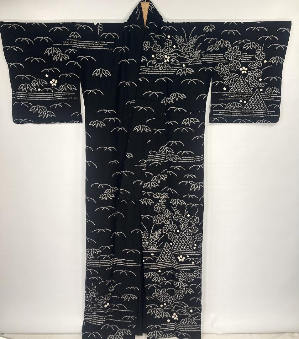 手絞り モノトーン 花柄 網干文 訪問着 京鹿の子絞り 袷 正絹 黒 白1379