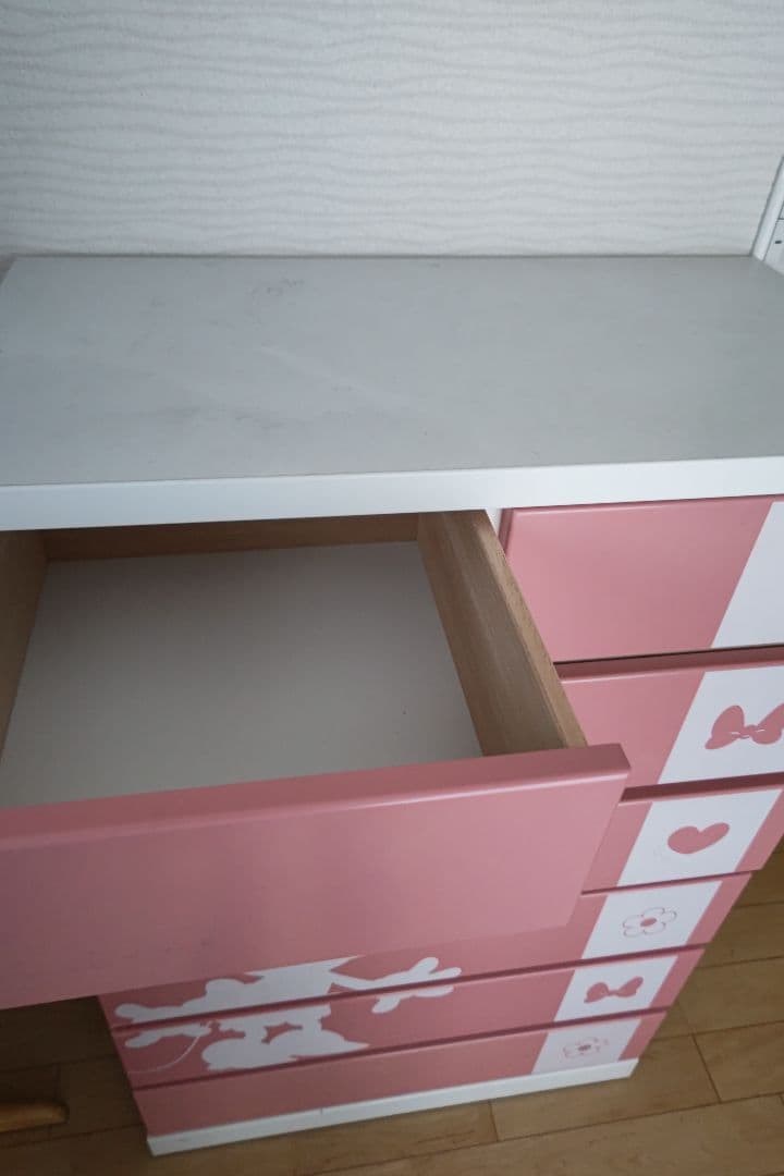 ディズニー　ミッキーミニー　タンス　キッズチェスト 5段 ピンクホワイト引き出し