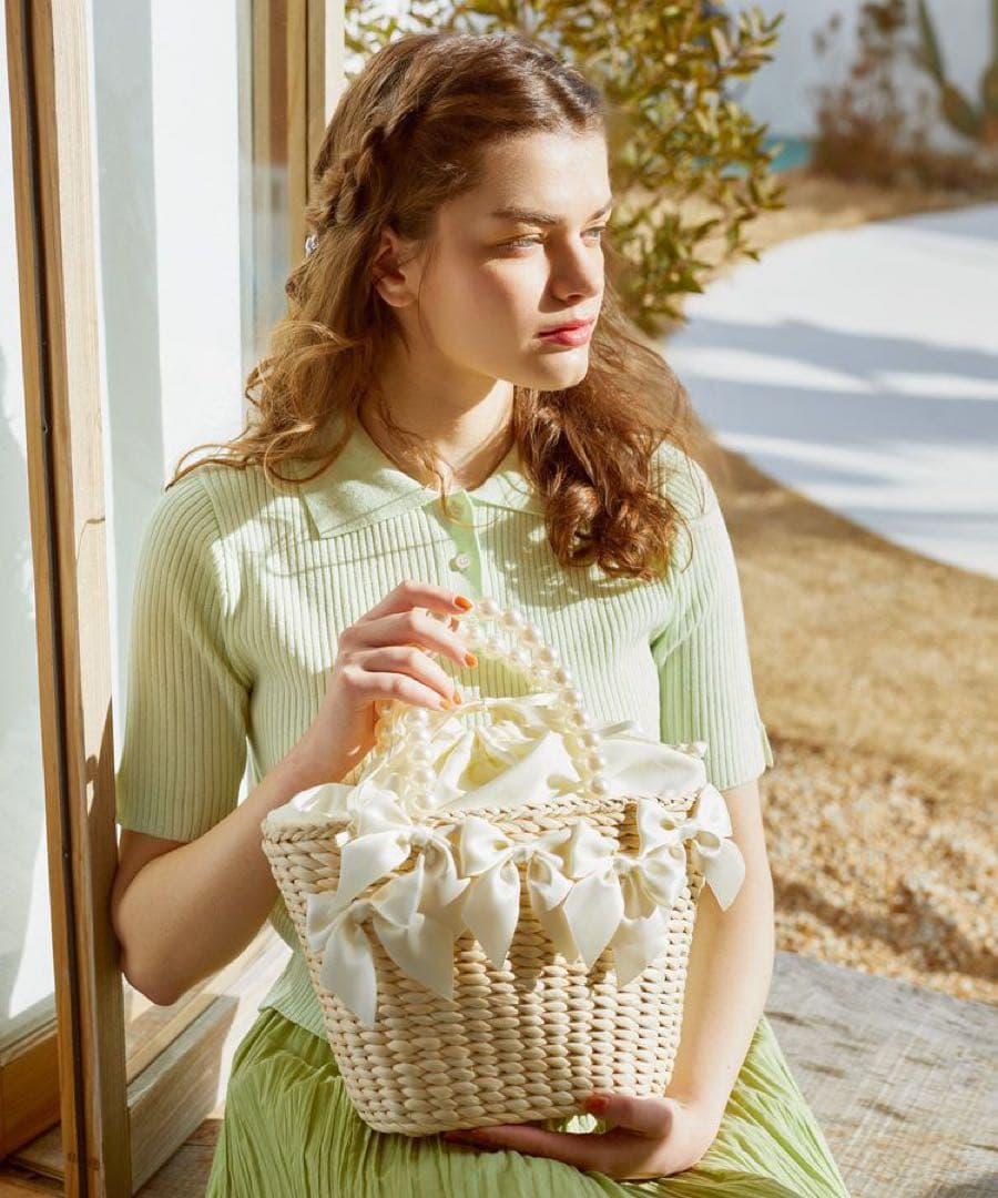 Maison de FLEUR パールハンドルメイズリボンカゴバッグ　アイボリー