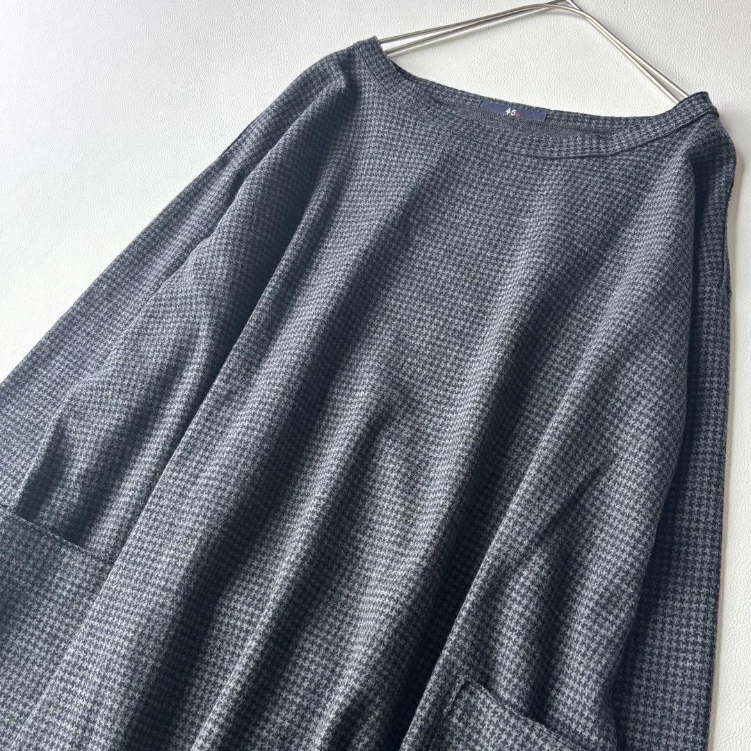 45R ウール100 千鳥格子　ワンピース　ワイドシルエット　R刺繍