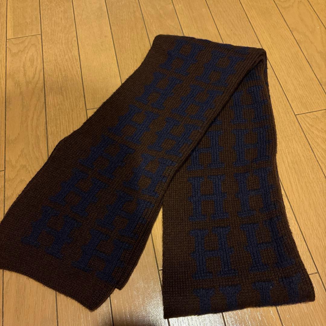 廃盤 希少 エルメス カシミヤ100H柄大判 マフラー帽子 ブラウン✖︎ネイビー