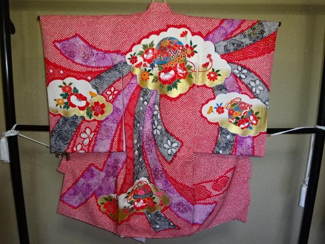 産着一つ身　女児着物　総絞り　仕付け糸付き