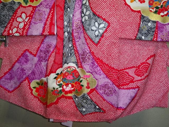 産着一つ身　女児着物　総絞り　仕付け糸付き