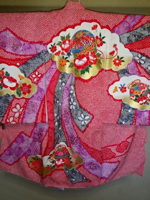 産着一つ身　女児着物　総絞り　仕付け糸付き