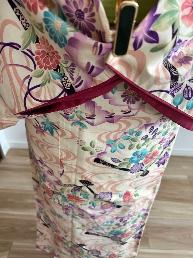 【春色小紋】菊と流水扇柄／淡色系／裄66