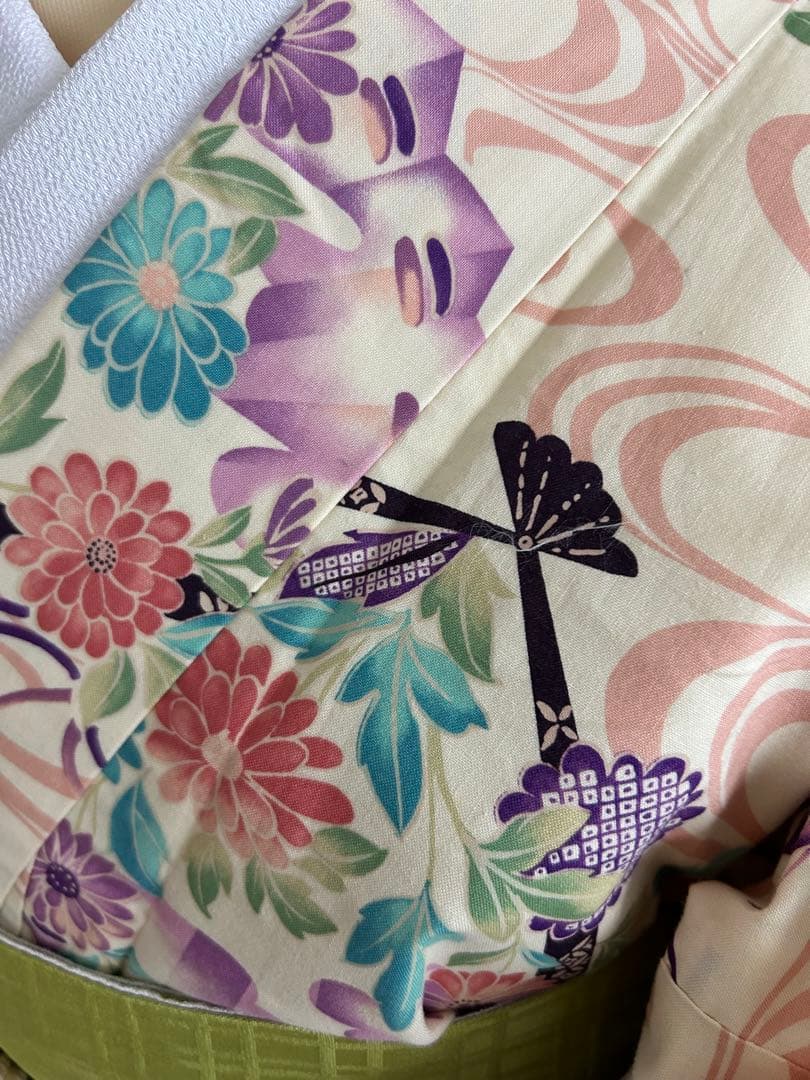 【春色小紋】菊と流水扇柄／淡色系／裄66