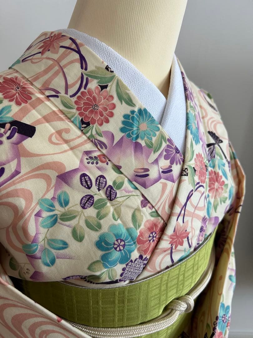 【春色小紋】菊と流水扇柄／淡色系／裄66