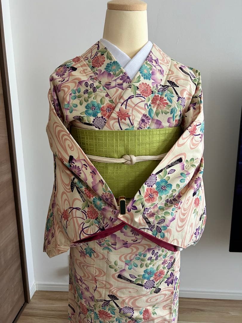 【春色小紋】菊と流水扇柄／淡色系／裄66