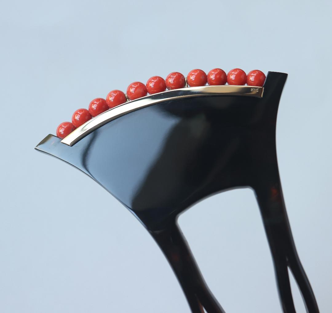 マ*ハ様 高級！ K18 赤珊瑚 本鼈甲 簪 バチ型 刻印あり 慶事 婚礼