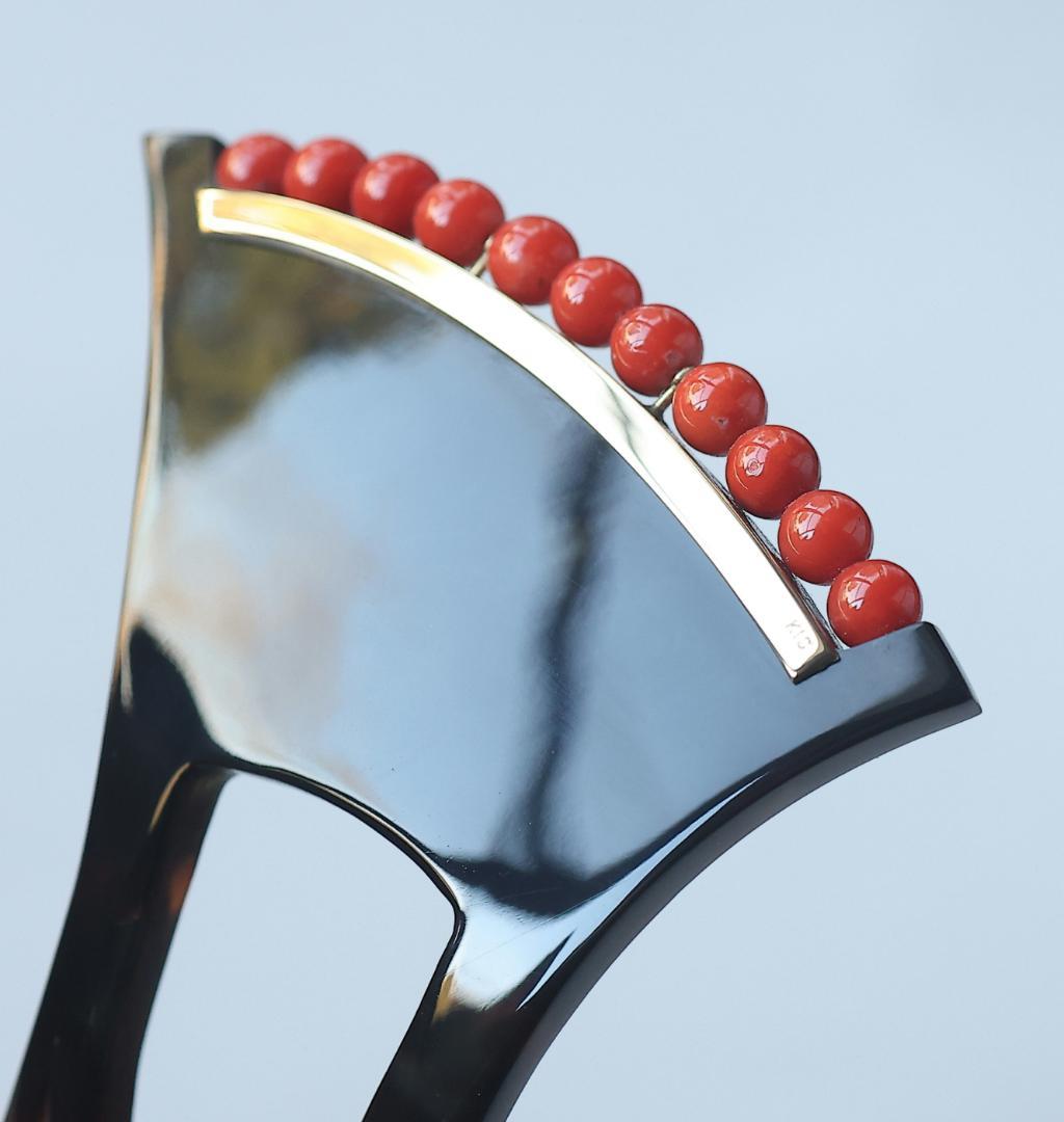 マ*ハ様 高級！ K18 赤珊瑚 本鼈甲 簪 バチ型 刻印あり 慶事 婚礼