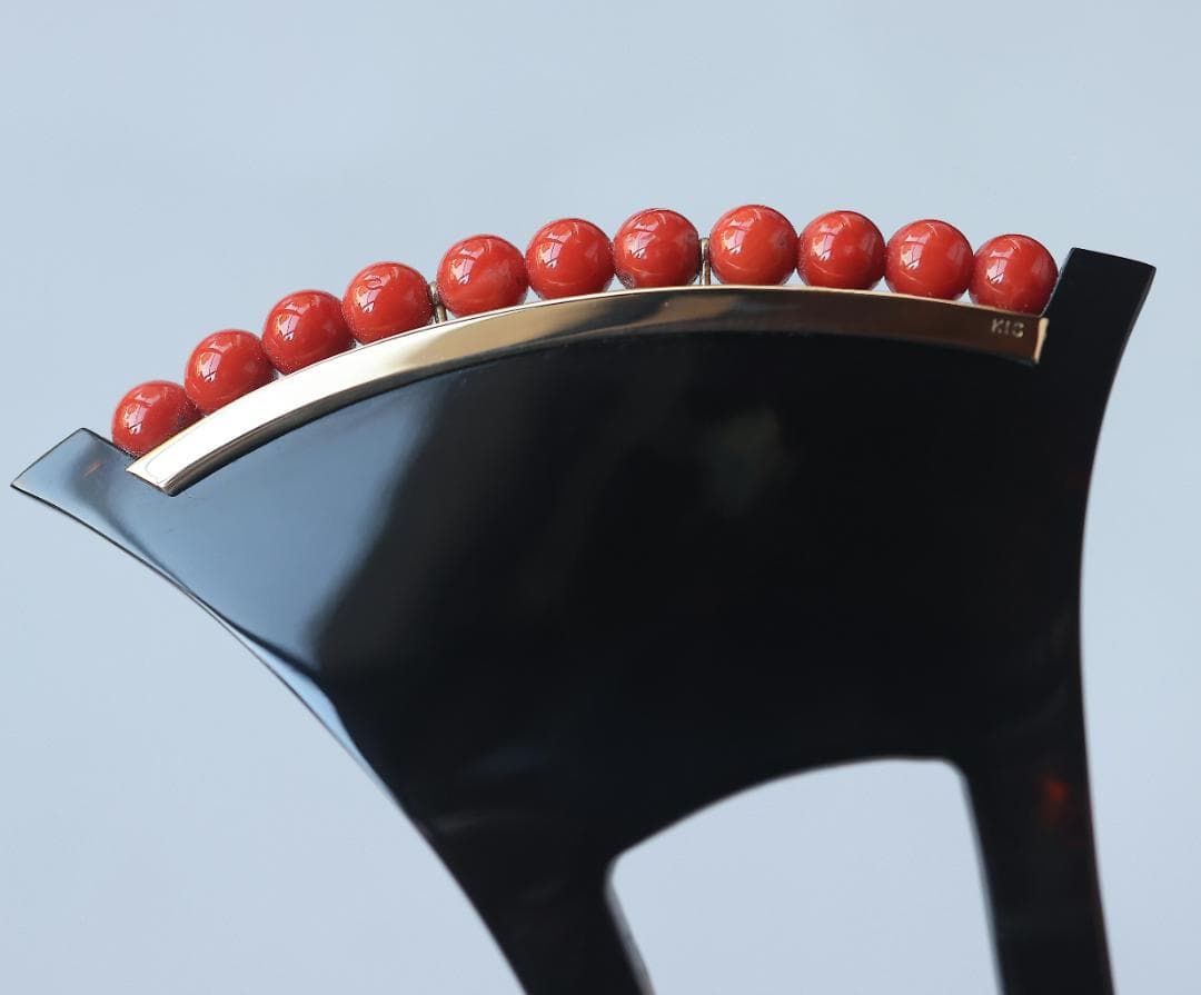 マ*ハ様 高級！ K18 赤珊瑚 本鼈甲 簪 バチ型 刻印あり 慶事 婚礼