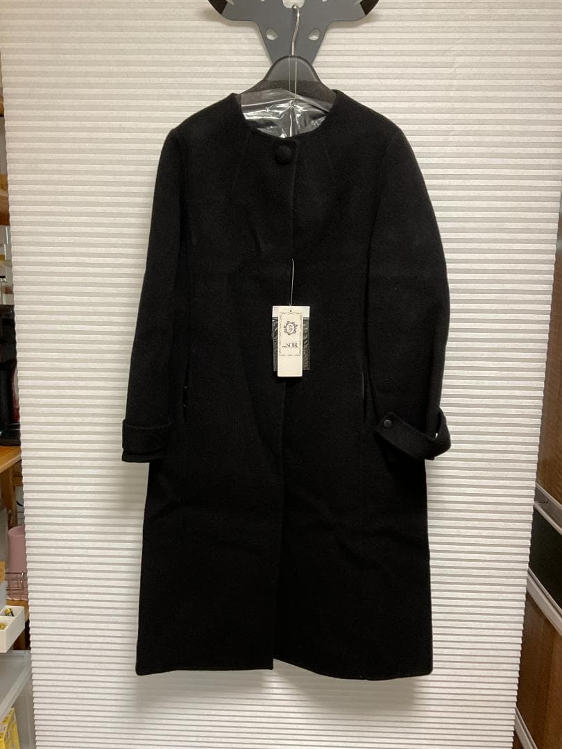 東京ソワール カシミヤ混 ロングコート ノーカラー 黒 ブラック S タグ付き
