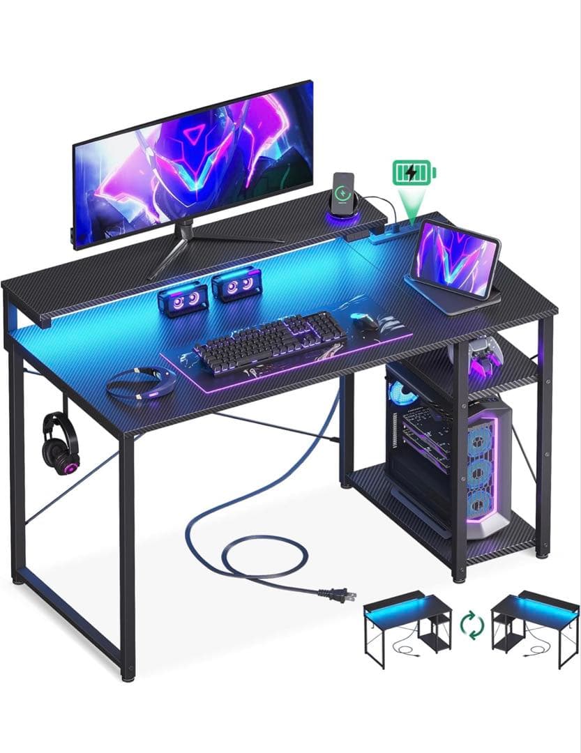 ゲーミングデスク 幅100cmモニター台&LED付き カーボン調ブラック