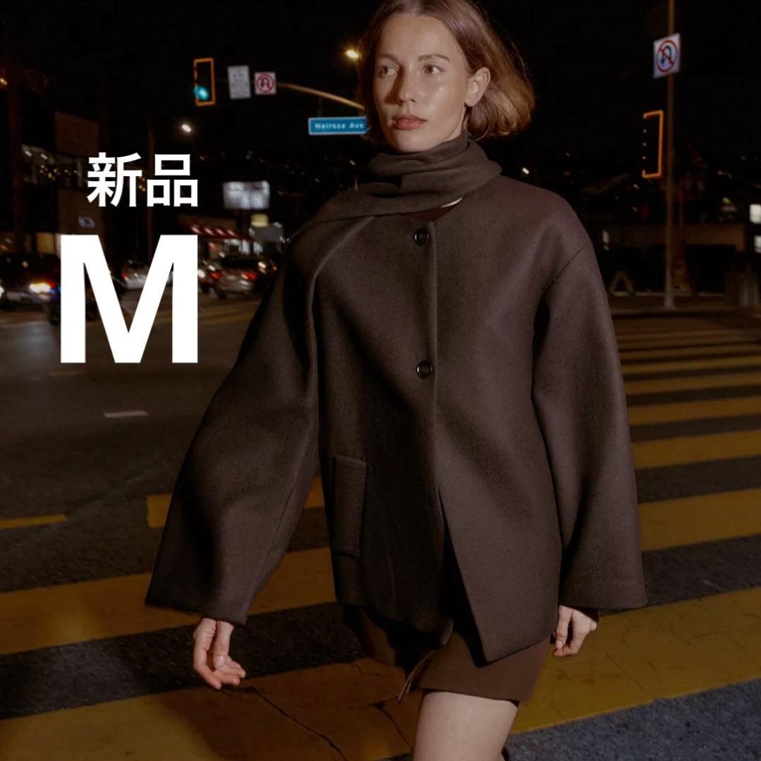 ZARA 今期 ウールショートスカーフコート ブラウン Mサイズ