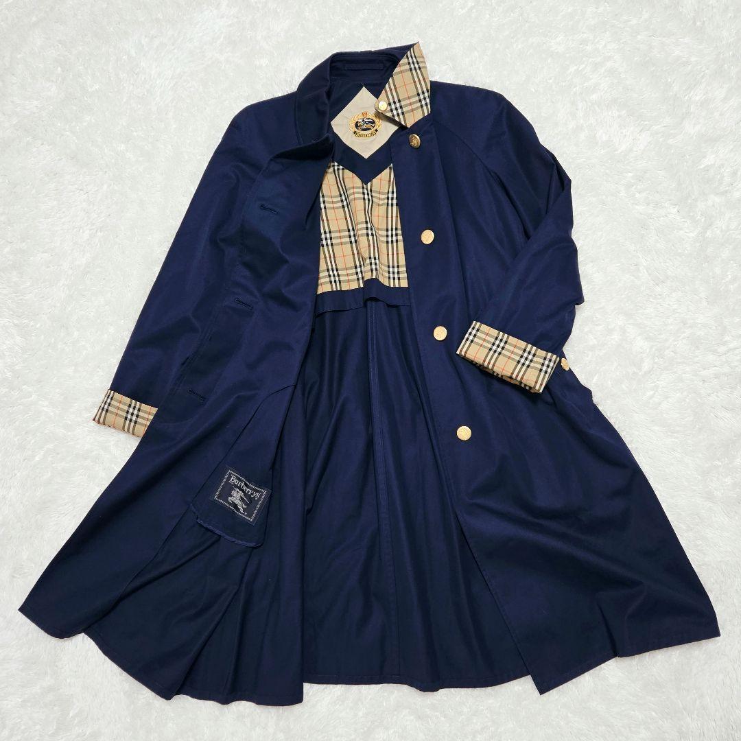 希少 Burberrys 旧タグ ノバチェック 比翼 金ボタン ロングコート 紺