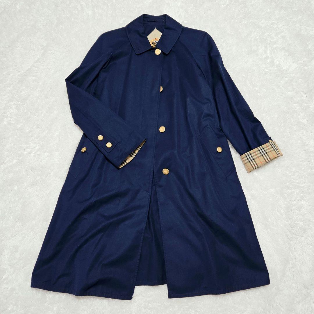 希少 Burberrys 旧タグ ノバチェック 比翼 金ボタン ロングコート 紺