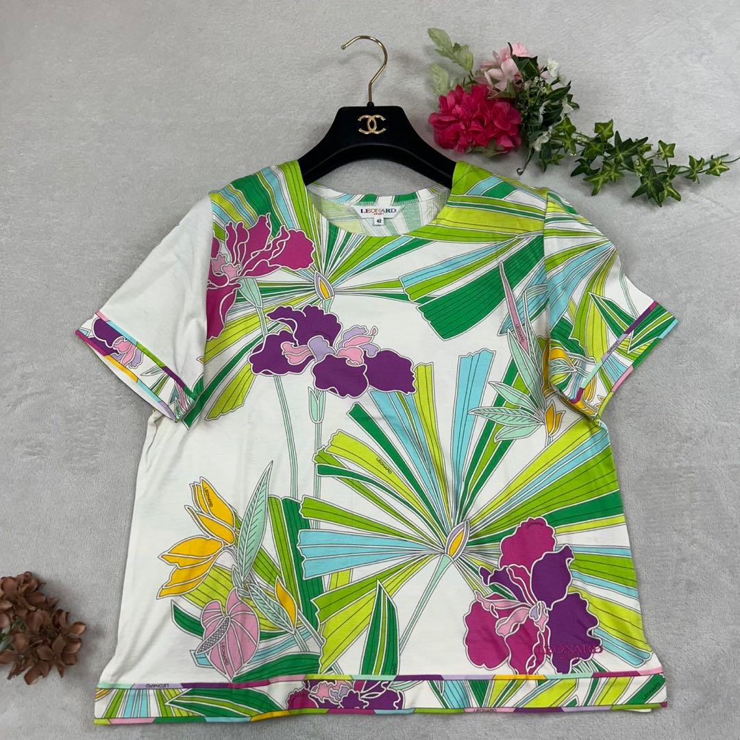 K801 新品未使用 L レオナール ロゴ刺繍 花柄 カットソー レディース