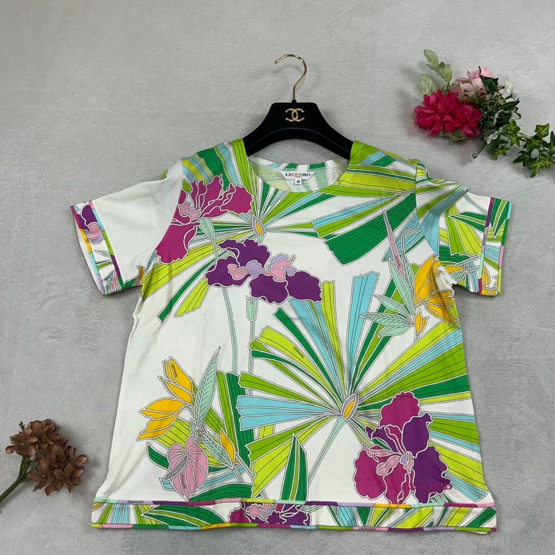 K801 新品未使用 L レオナール ロゴ刺繍 花柄 カットソー レディース