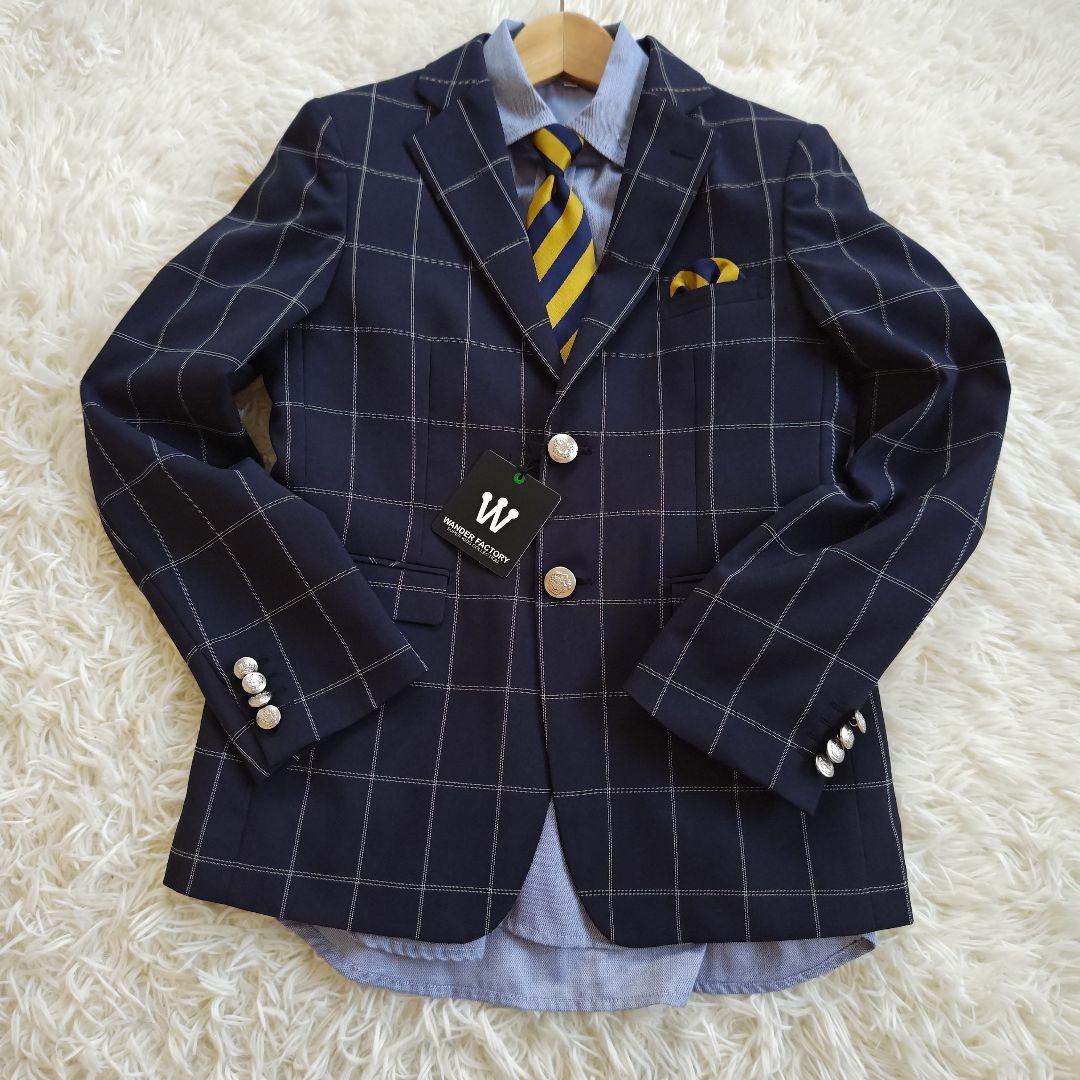ワンダーファクトリー フォーマル スーツ 卒服 卒業式 ネイビー チェック 5点