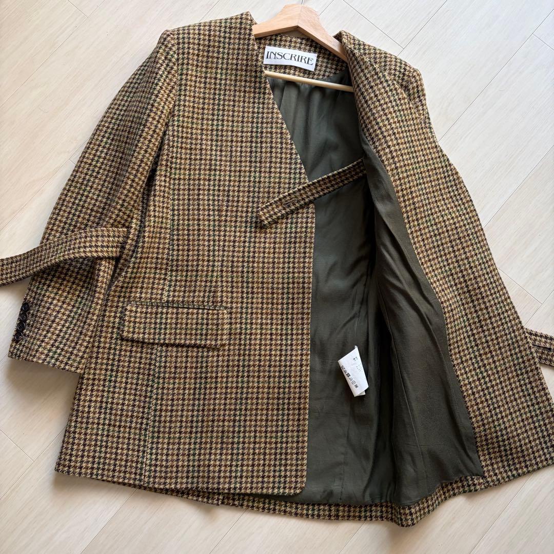 【極美品】INSCRIRE 千鳥格子 ベルト付き ノーカラージャケット