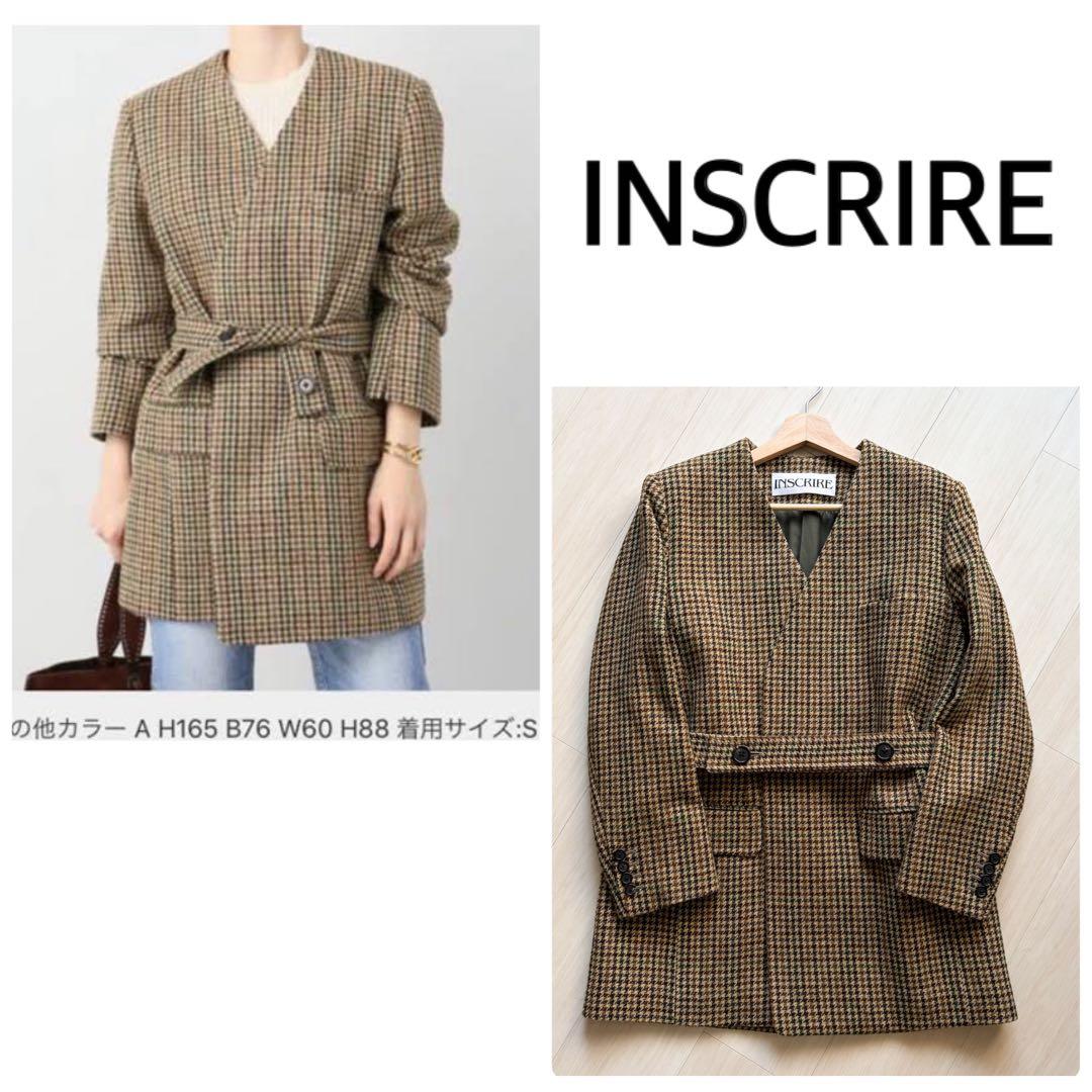 【極美品】INSCRIRE 千鳥格子 ベルト付き ノーカラージャケット