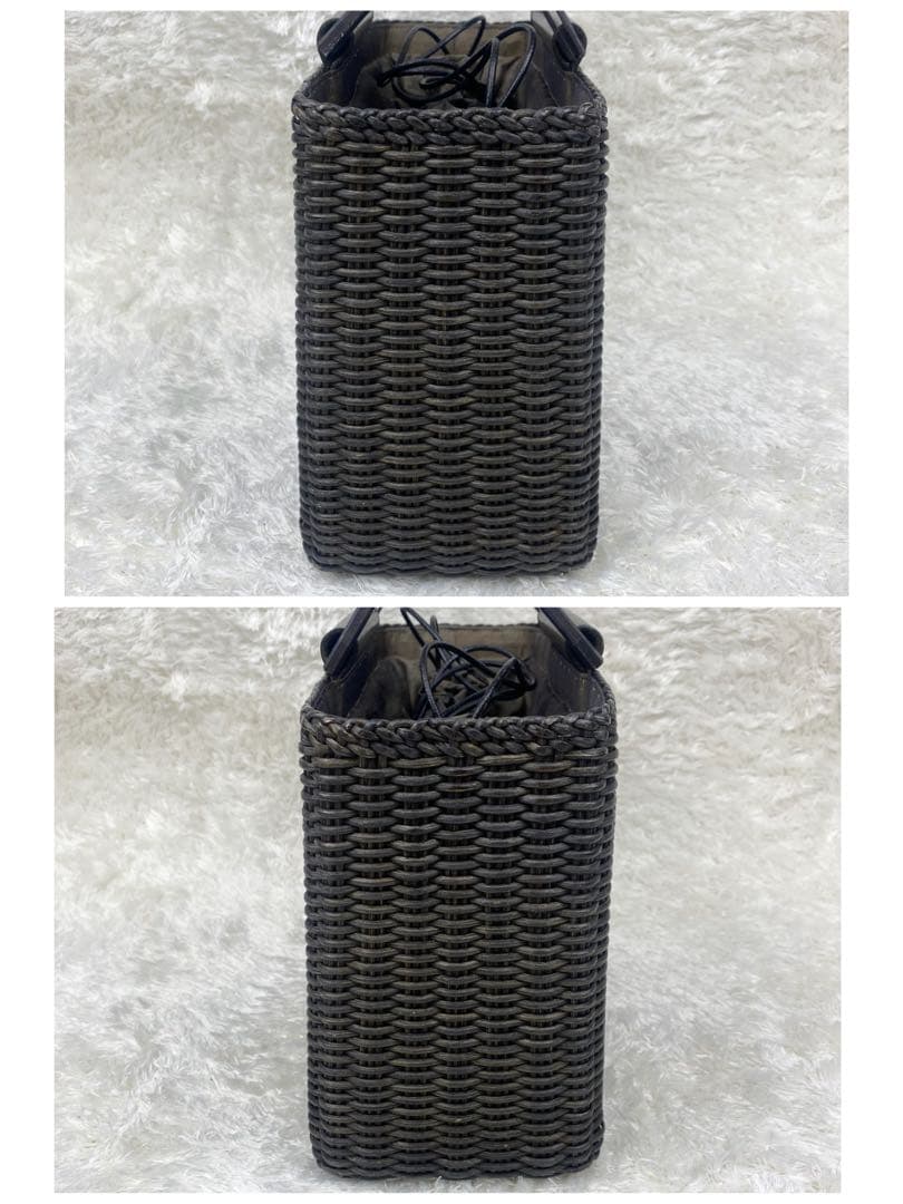 【希少✨良品】サルヴァトーレフェラガモ　ラタン　かごバッグ　巾着　黒　レザー　籐