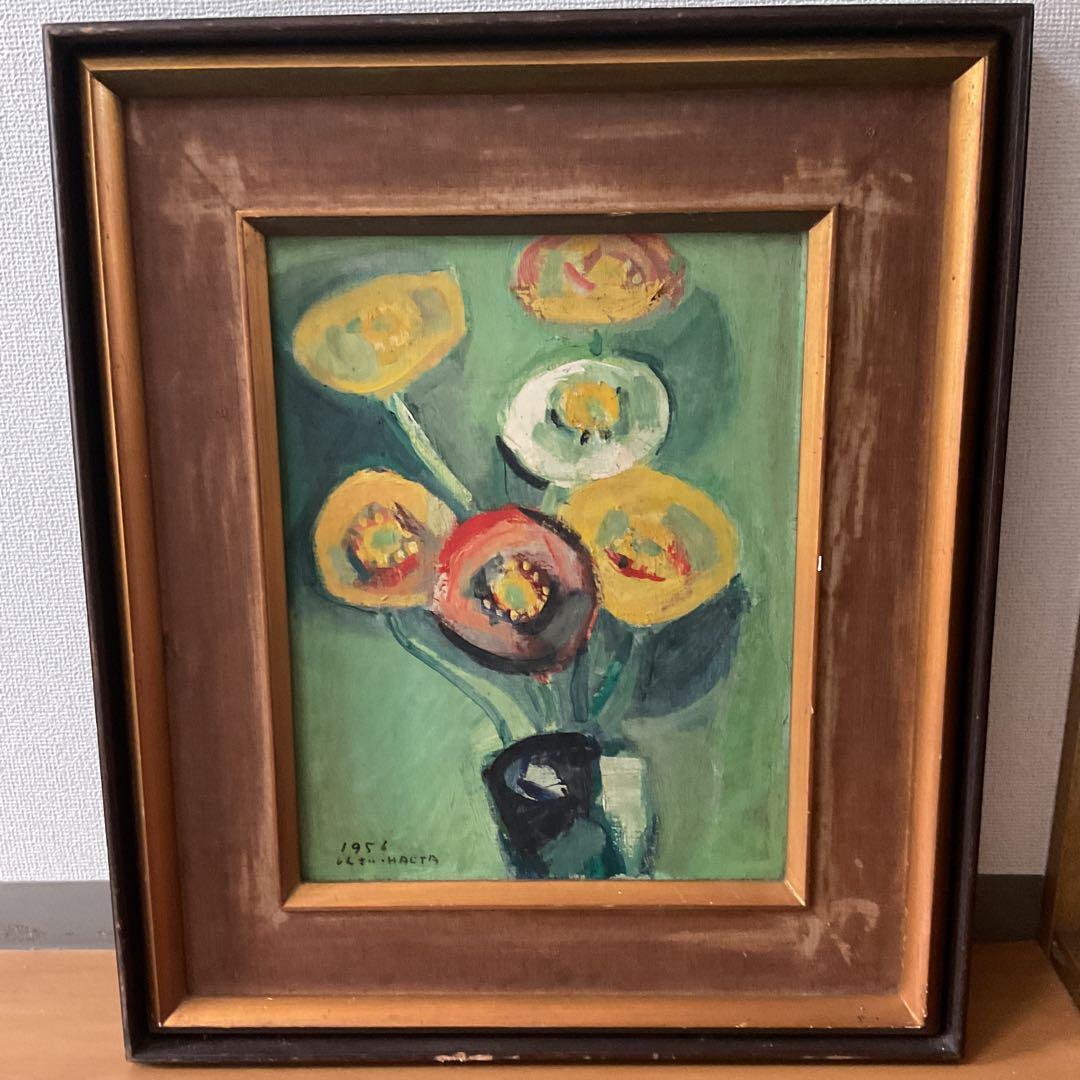 A nt i que☆love油彩画 1956年作 サイン在 木枠ガラス無