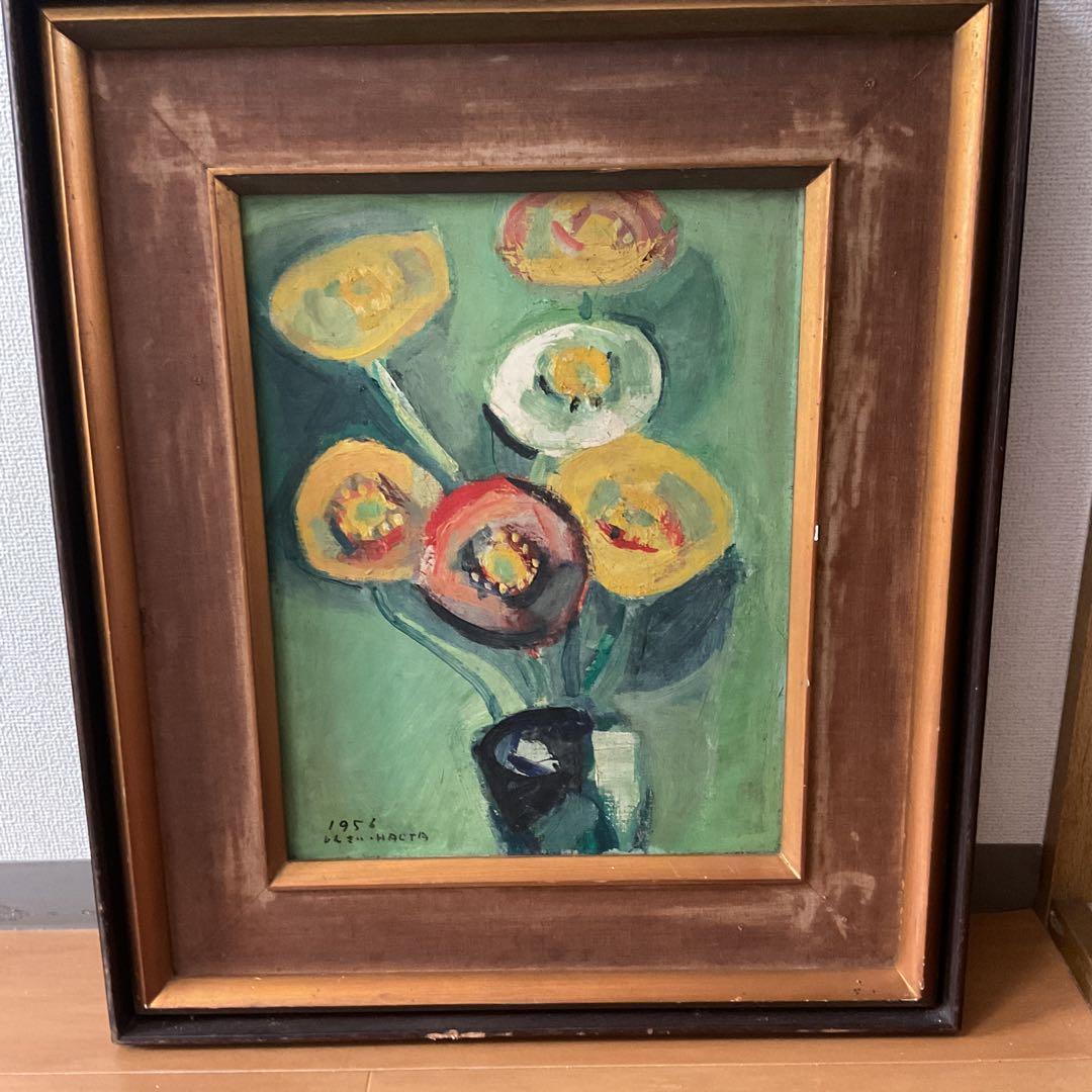 A nt i que☆love油彩画 1956年作 サイン在 木枠ガラス無