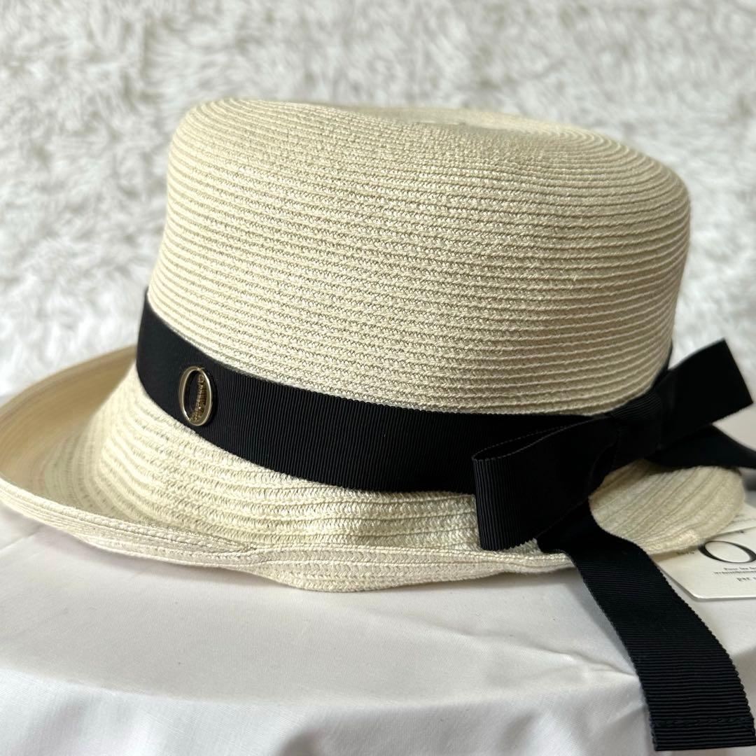 新品タグ付き✨シャポードオー リボン 麦わら帽子 UVカット 白 ホワイト